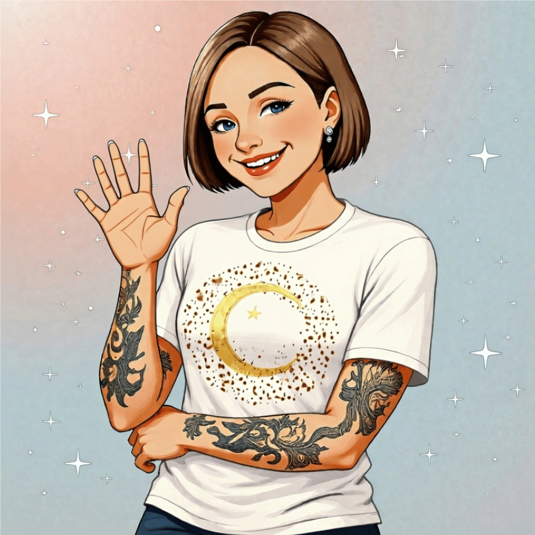 Illustrated portrait of Briony Bianca, founder of She Shines Abundance, waving