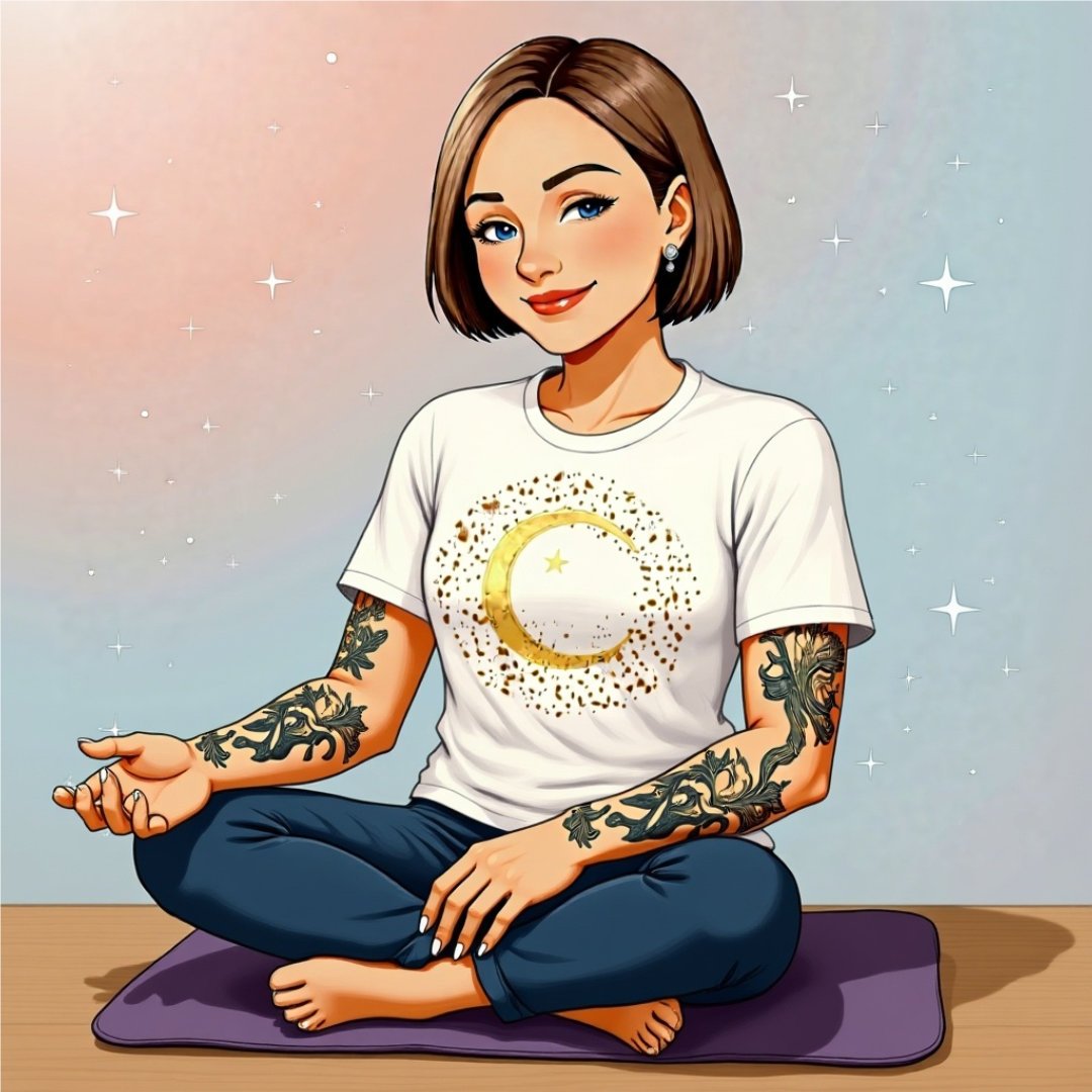 Illustrated portrait of Briony Bianca doing yoga - she shines abundance