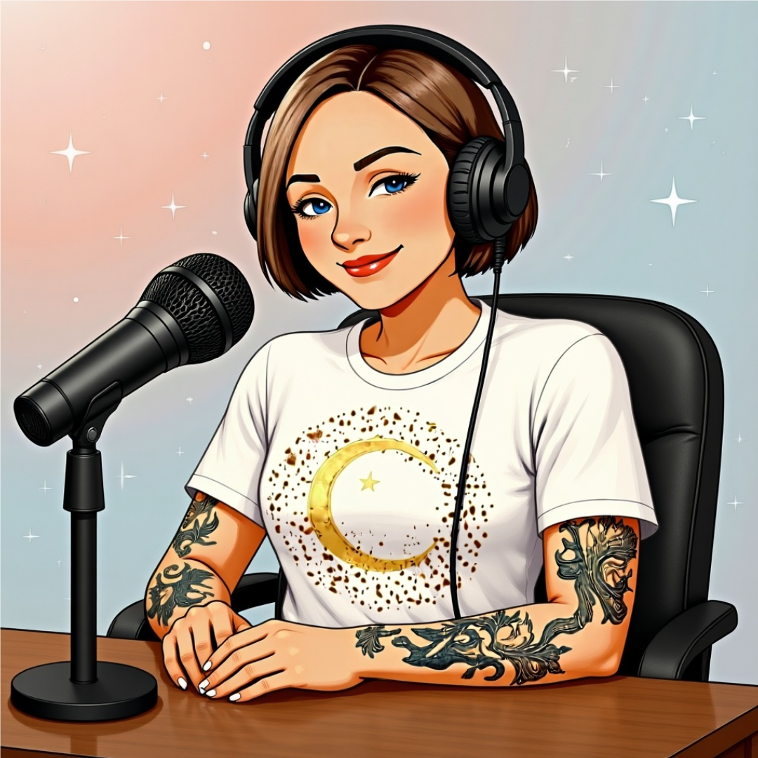 Illustrated portrait of Briony Bianca recording her podcast - she shines abundance