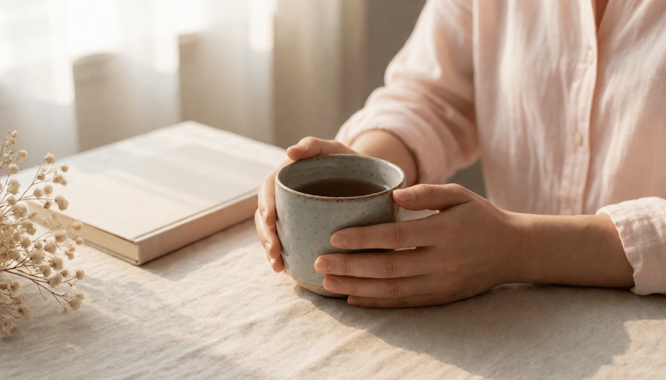 A woman's hands holding a mug of tea beside a closed journal on a linen-covered table in soft morning light. Trauma Healing Blog